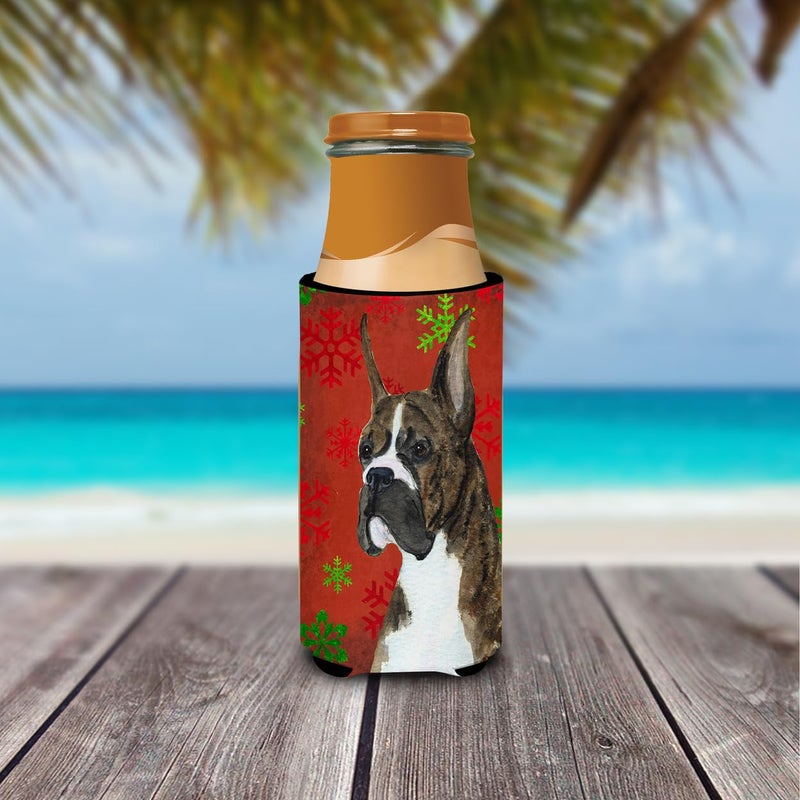 Caroline's Treasures Caroline's Treasures SS4715MUK Boxer Red and Green Snowflakes Holiday Christmas Ultra Hugger for slim cans Can Cooler Sleeve Hugger Machine Washable Drink Sleeve Hugger Collapsible Insulator Beverage  - Image 2