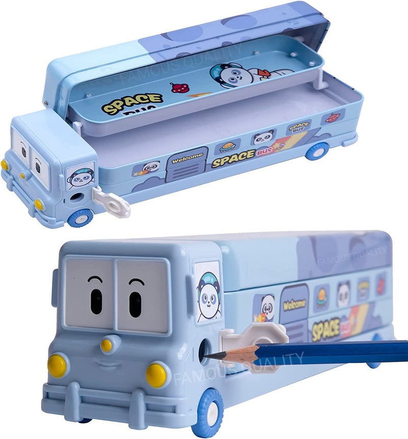 FAMOUS QUALITY® 2 in 1 - Cartoon Printed School Bus Metal Pencil Box with Moving Tyres and Sharpener for Kids - Blue,Metal - Image 1