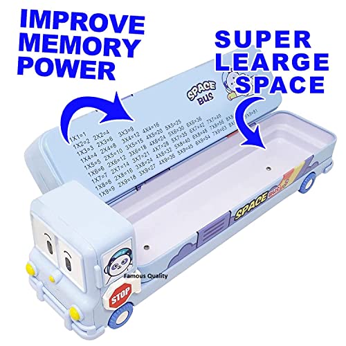 FAMOUS QUALITY® 2 in 1 - Cartoon Printed School Bus Metal Pencil Box with Moving Tyres and Sharpener for Kids - Blue,Metal - Image 2