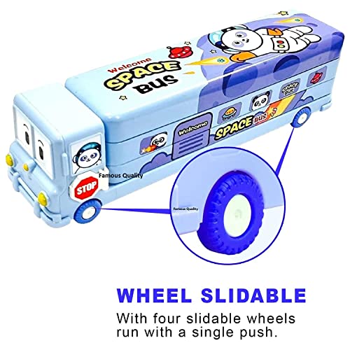 FAMOUS QUALITY® 2 in 1 - Cartoon Printed School Bus Metal Pencil Box with Moving Tyres and Sharpener for Kids - Blue,Metal - Image 4