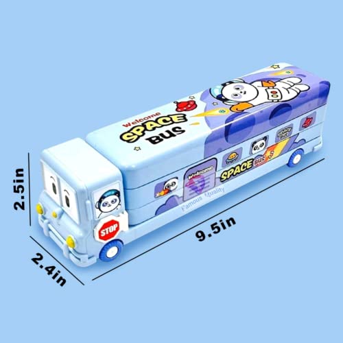 FAMOUS QUALITY® 2 in 1 - Cartoon Printed School Bus Metal Pencil Box with Moving Tyres and Sharpener for Kids - Blue,Metal - Image 5