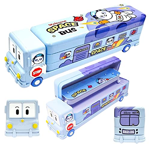FAMOUS QUALITY® 2 in 1 - Cartoon Printed School Bus Metal Pencil Box with Moving Tyres and Sharpener for Kids - Blue,Metal - Image 3
