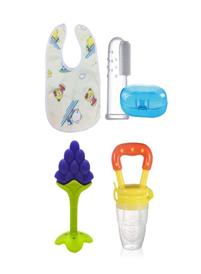 ROFORUF 4-in-1 Baby Feeding & Teething Combo | Fruit Shape Silicone Teether, Food Feeder Pacifier, Finger Toothbrush with Case & Waterproof Bib | BPA-Free Infant Oral Care Set (Pack of 4) (Yellow) - Image 1