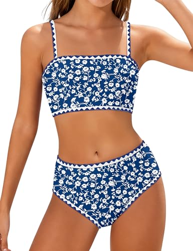 ADIFUN Girls Swimsuits, Teen Bathing Suits for Girl 12-14 Adjustable Shoulder Straps with Chest Pad Bikini with Cover Up Skirt Swimwear Set Dark Blue Flower - Image 1