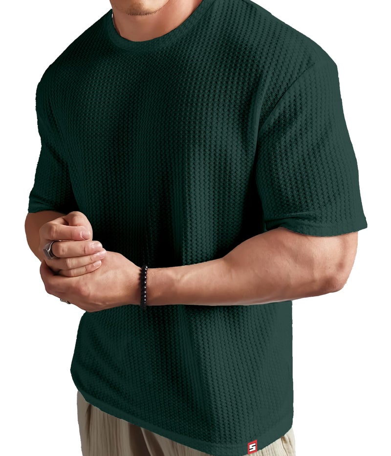 SHODOX® Men Oversized T Shirt Solid Dotted Design | Round Neck Loose Fit Drop Shoulder Casual T-Shirt for Men Bottle Green - Image 1