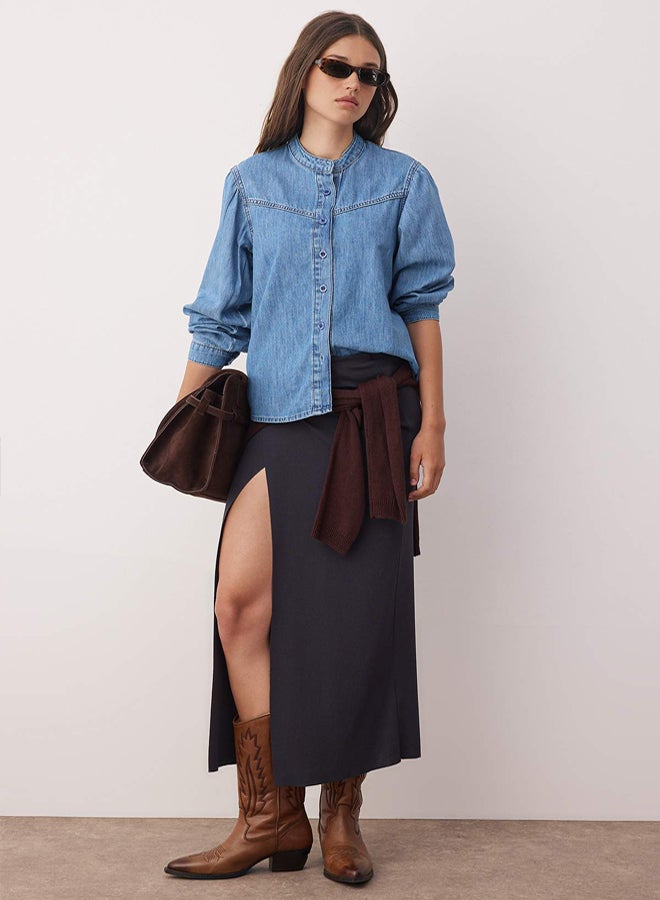 trendyol Dark Blue Stitching Detail Stand Collar Denim Shirt - Image 1