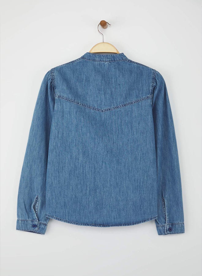 trendyol Dark Blue Stitching Detail Stand Collar Denim Shirt - Image 5