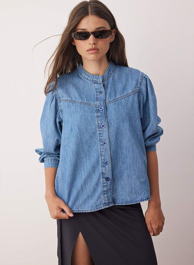 trendyol Dark Blue Stitching Detail Stand Collar Denim Shirt - Image 2