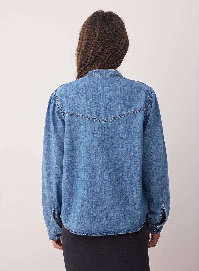 trendyol Dark Blue Stitching Detail Stand Collar Denim Shirt - Image 4