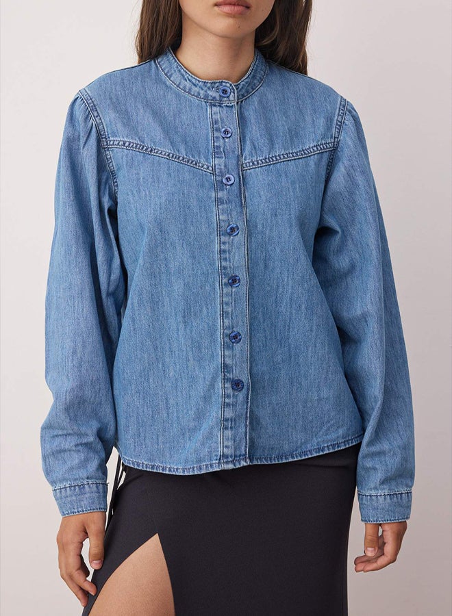 trendyol Dark Blue Stitching Detail Stand Collar Denim Shirt - Image 3