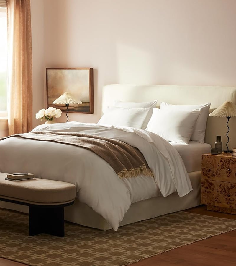 Brooklinen Luxury Sateen Sheet Set  7 Piece 100 Cotton Bed Sheets  1 Fitted  1 Flat Sheet 4 Pillowcases 1 Duvet Cover Soft Sateen Sheets for Ultimate Comfort Full  White