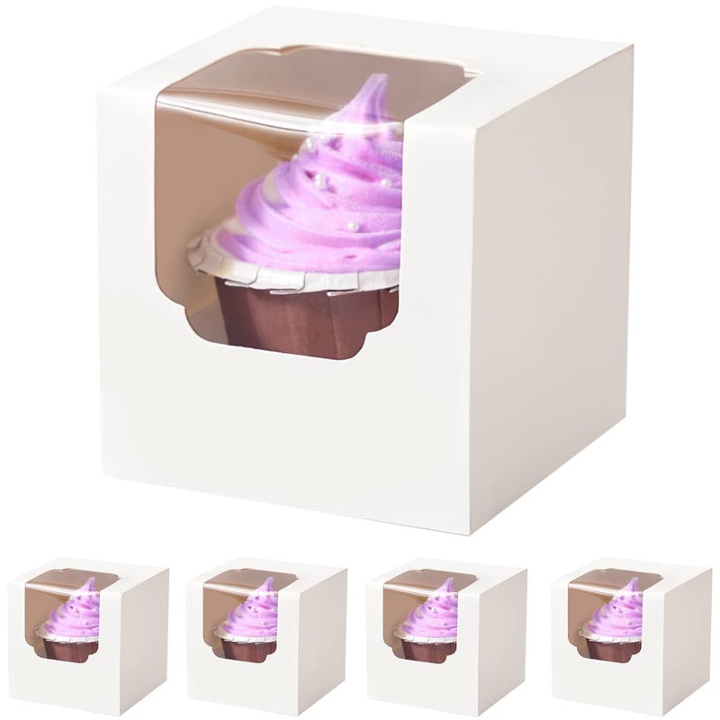 Shallive 100 Pcs Individual Cupcake Box White with Insert 35 Treat Boxes with Window Bulk for Hot Cocoa Bombs and Cookies PreAssembled for Easter Wedding Birthday Baby Shower Party