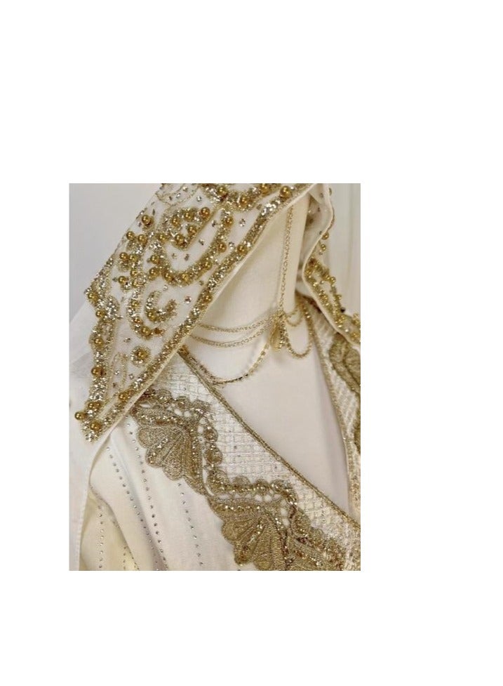 (Comes With A Veil) Long Robe With A Light And Luxurious Temperament, Hot Pressed Diamond Long Sleeved V-Neck Big Sirt Dress - Image 3