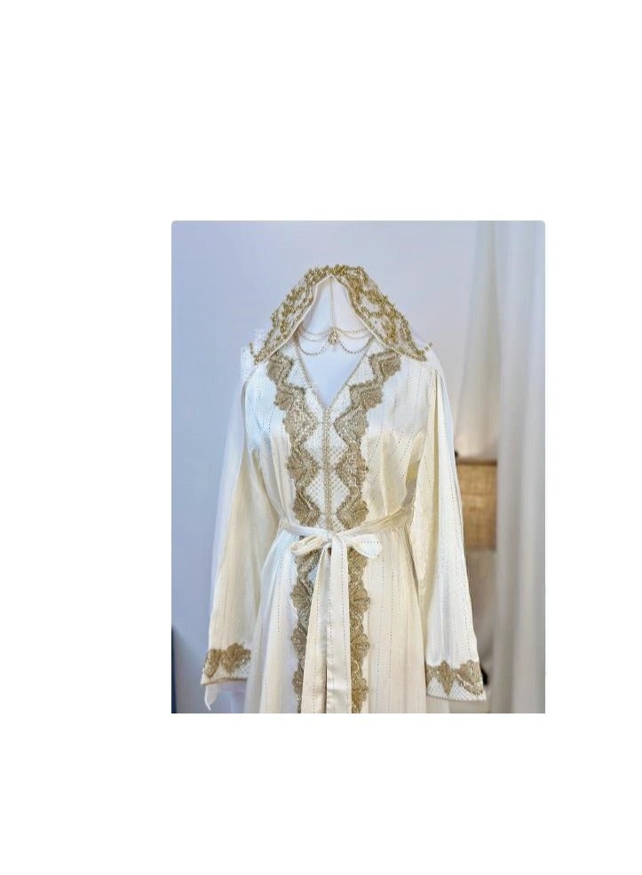 (Comes With A Veil) Long Robe With A Light And Luxurious Temperament, Hot Pressed Diamond Long Sleeved V-Neck Big Sirt Dress - Image 1