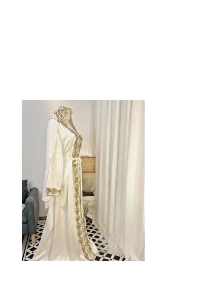 (Comes With A Veil) Long Robe With A Light And Luxurious Temperament, Hot Pressed Diamond Long Sleeved V-Neck Big Sirt Dress - Image 2