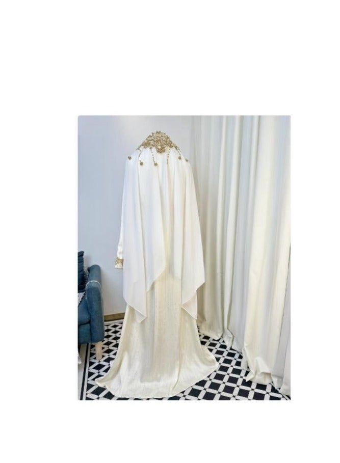 (Comes With A Veil) Long Robe With A Light And Luxurious Temperament, Hot Pressed Diamond Long Sleeved V-Neck Big Sirt Dress - Image 4