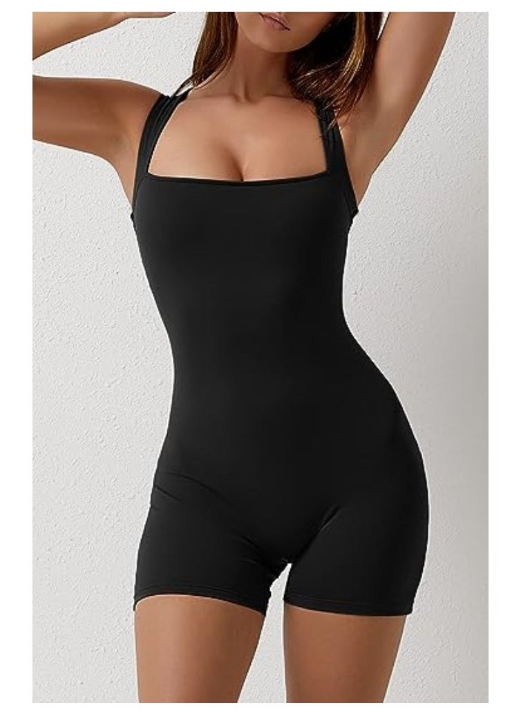 NIBEMINENT - Women's One-piece Summer Clothes Lace-up Square Neck Vest Belly Controlling Stretch Shorts Jumpsuit Yoga Wear - Image 1