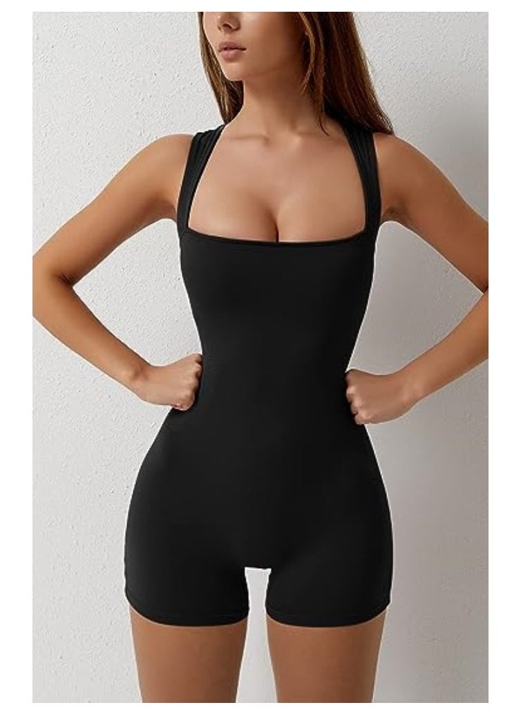 NIBEMINENT - Women's One-piece Summer Clothes Lace-up Square Neck Vest Belly Controlling Stretch Shorts Jumpsuit Yoga Wear - Image 1