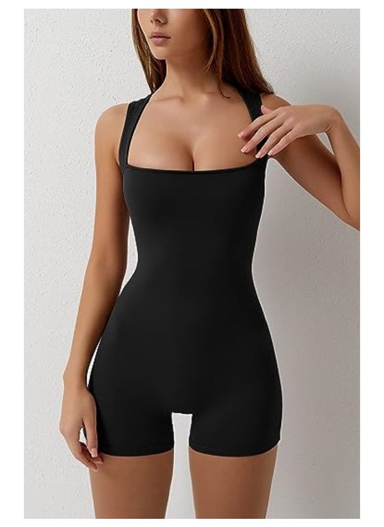 NIBEMINENT - Women's One-piece Summer Clothes Lace-up Square Neck Vest Belly Controlling Stretch Shorts Jumpsuit Yoga Wear - Image 1