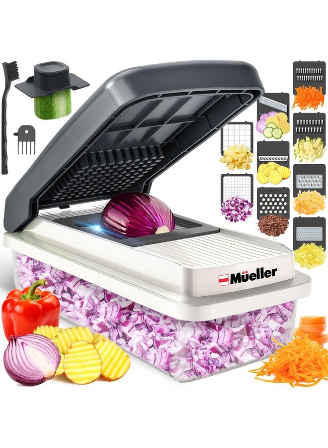 Mueller مفرمة خضروات 9 شفرات، قاطع مانولين، مفرمة خضار، مبشرة جبن، قاطع بصل، قاطع خضار، مكعبات، مفرمة طعام مع حاوية، أدوات ومستلزمات المطبخ، أبيض رمل/رمادي - Image 1