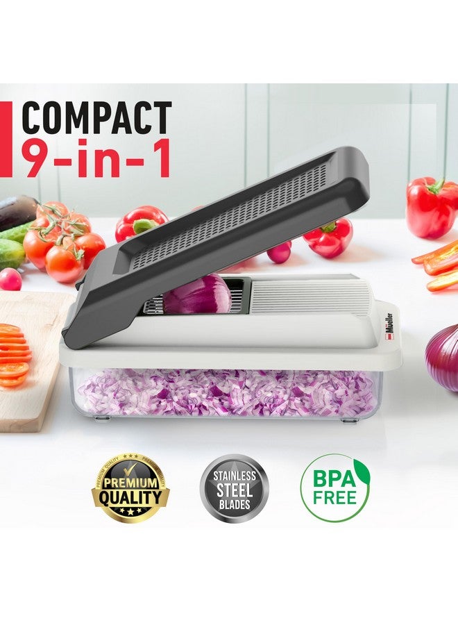 Mueller مفرمة خضروات 9 شفرات، قاطع مانولين، مفرمة خضار، مبشرة جبن، قاطع بصل، قاطع خضار، مكعبات، مفرمة طعام مع حاوية، أدوات ومستلزمات المطبخ، أبيض رمل/رمادي - Image 2