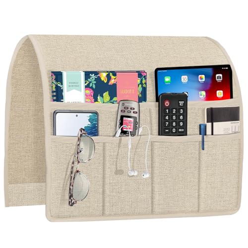 Joywell Beige Remote Control Holder Recliner Armchair Caddy Couch Caddy Sofa Armrest Organizer Linen Fabric Tan Taupe Sofa Arm Chair Caddie with 6 Pocket Storage for Magazine, Tablet, Phone, iPad - Image 1