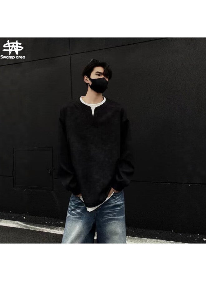 Swamp Area Men's Sweatshirt Spring And Autumn Fake Two-piece Long Sleeve American Henry Collar Base Shirt Sar012 Black 3XL - Image 1