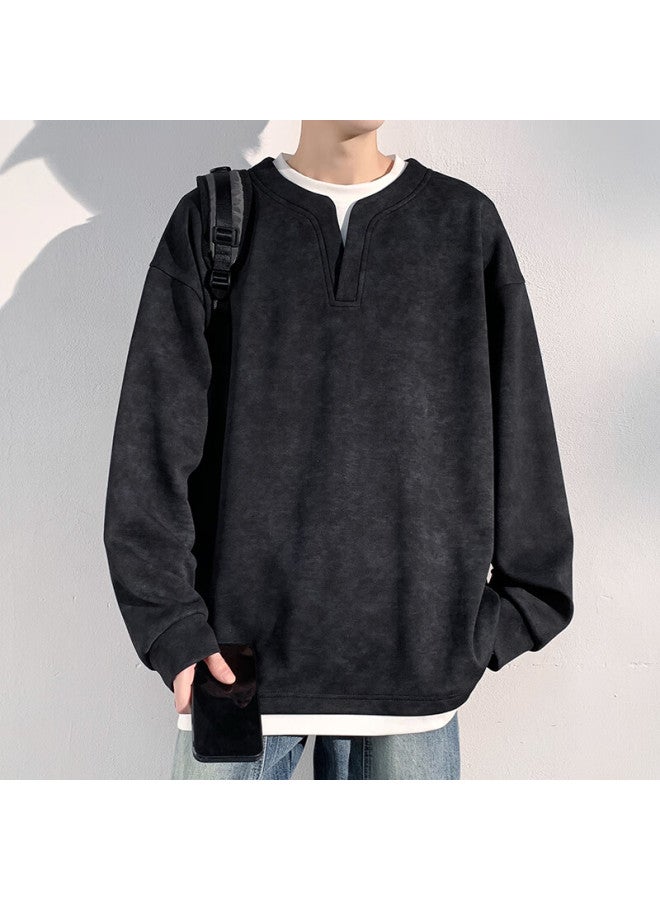 Swamp Area Men's Sweatshirt Spring And Autumn Fake Two-piece Long Sleeve American Henry Collar Base Shirt Sar012 Black 3XL - Image 5