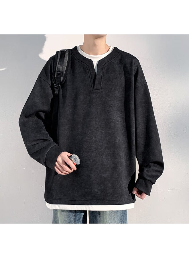 Swamp Area Men's Sweatshirt Spring And Autumn Fake Two-piece Long Sleeve American Henry Collar Base Shirt Sar012 Black 3XL - Image 3