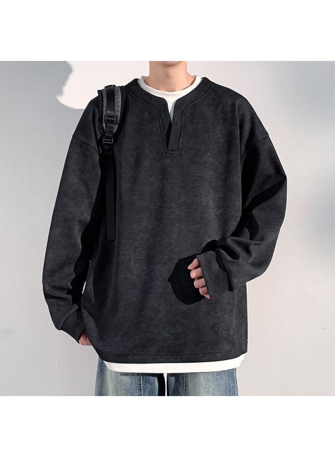 Swamp Area Men's Sweatshirt Spring And Autumn Fake Two-piece Long Sleeve American Henry Collar Base Shirt Sar012 Black 3XL - Image 4