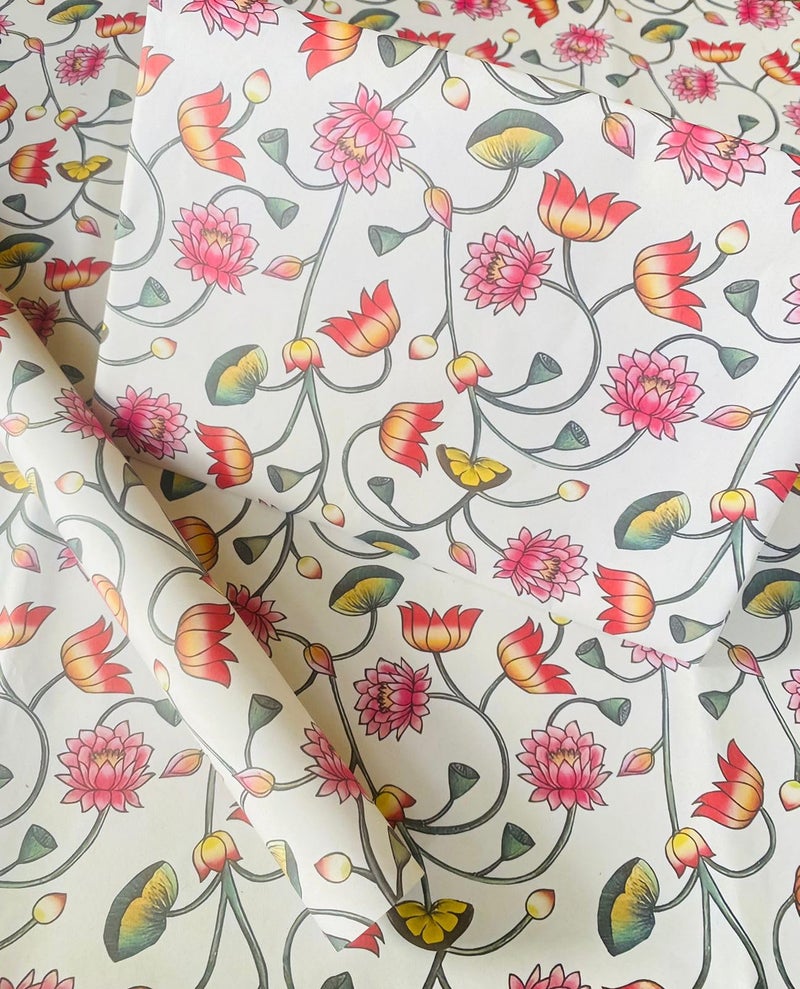 Generic Rp Lotus Pichwai GLOSSY Wrapping Paper, Red, Green, Yellow Gifting Paper, Lotus Print paper, Decorating Paper, Corprate Packaging Paper, Birthday occasion Paper, Return Favor Gift Paper, Size 20x28inch, (Pack of 25,50,100) (25)  - Image 2