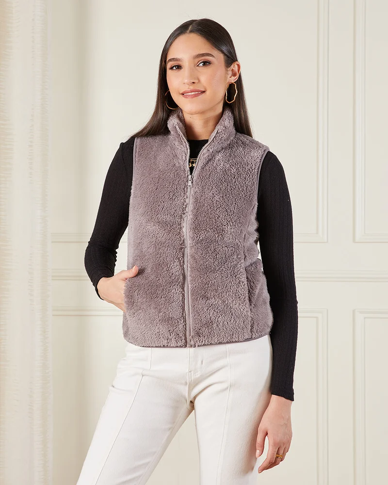 Redtag Women Brown High Neck Sleeveless Fur Jacket