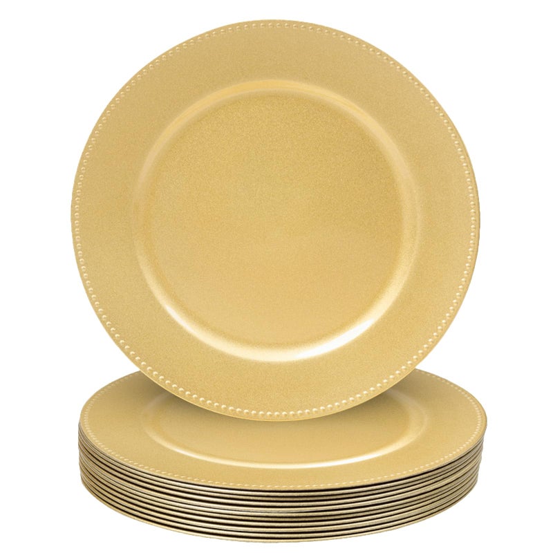 MAONAME 13 Gold Charger Plates Set of 12 Round Chargers for Dinner Plates Plate Chargers with Beaded Rim Plastic Table Chargers for Wedding Party