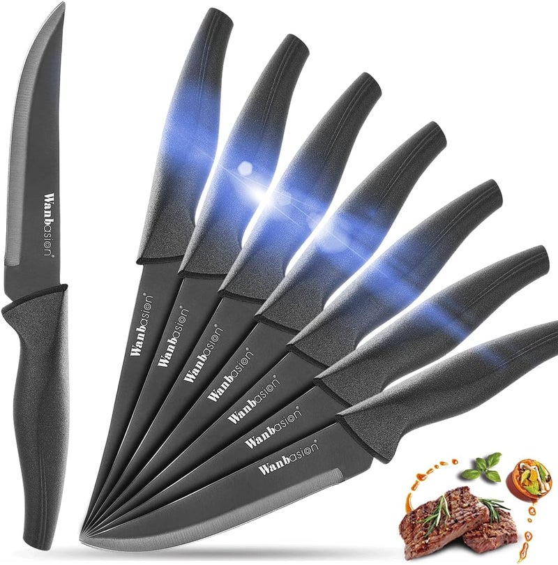 Wanbasion Black Non Serrated Steak Knives Set, Steak Knife Set Dishwasher Safe, Sharp Steak Knives Set for Kitchen with Ergonomic Handles - Image 1