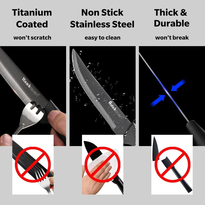 Wanbasion Black Non Serrated Steak Knives Set, Steak Knife Set Dishwasher Safe, Sharp Steak Knives Set for Kitchen with Ergonomic Handles - Image 2
