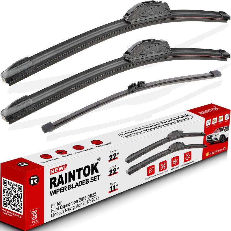 شفاطات الزجاج الأمامي RAINTOK بديل لسيارات فورد إكسبيديشن ولينكولن نافيجيتور 2018 2019 2020 2021 2022 مجموعة شفرات المساحات الأمامية والخلفية بجودة المصنع الأصلية 22 22 11 عبوة من 3