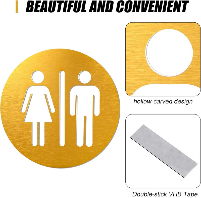 Hotop Men and Women Bathroom Sign 7.87 x 7.87 Inch Metal Unisex Restroom Door Signs Decor for Office Businesses Restaurant Home Bathroom Wall Decor Adhesive Backed (Gold) - Image 4