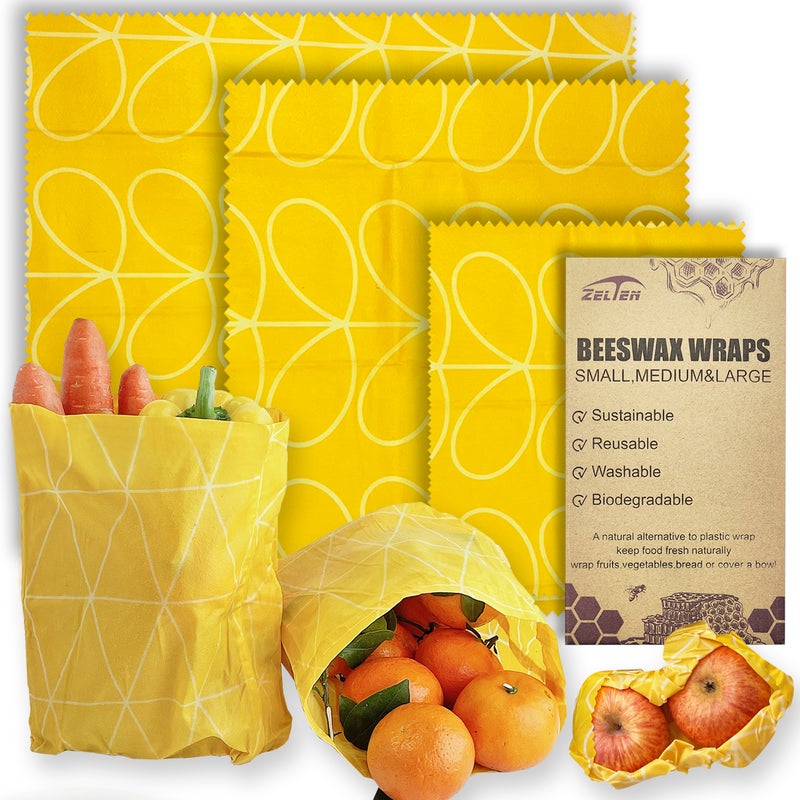 Zelten Beeswax Reusable Food Wraps - (3 Packs, 3 Sizes S,M,L) Plastic and Silicone Free, Eco-friendly Wrap, Wax Paper for Food,Eucalyptus - Image 1