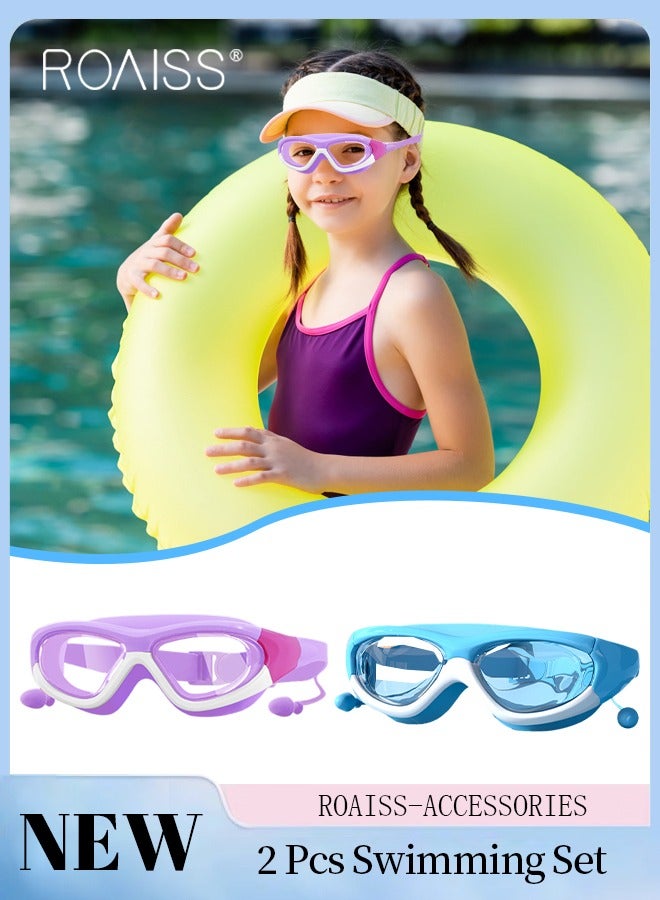 رويس قطعتان من طقم نظارات سباحة للأطفال، نظارات سباحة مقاومة للماء ومضادة للضباب مع سدادات أذن مدمجة، نظارات واضحة رؤية لحمام السباحة للأولاد والبنات من سن 3 إلى 15 عامًا، باللون الأزرق والأرجواني - Image 1