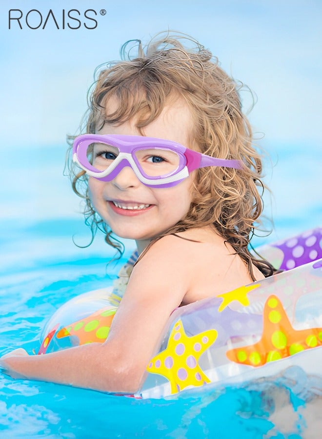 رويس قطعتان من طقم نظارات سباحة للأطفال، نظارات سباحة مقاومة للماء ومضادة للضباب مع سدادات أذن مدمجة، نظارات واضحة رؤية لحمام السباحة للأولاد والبنات من سن 3 إلى 15 عامًا، باللون الأزرق والأرجواني - Image 2