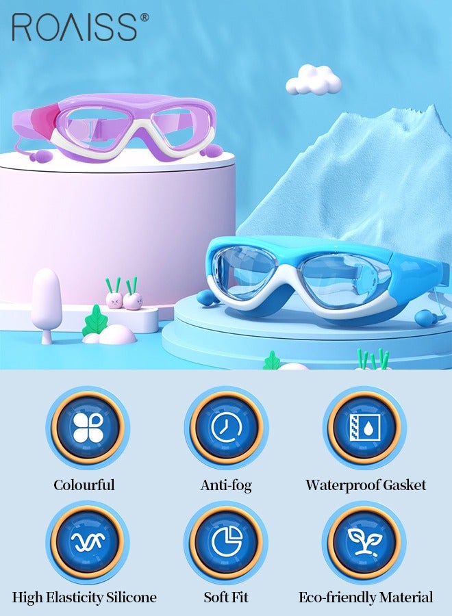 رويس قطعتان من طقم نظارات سباحة للأطفال، نظارات سباحة مقاومة للماء ومضادة للضباب مع سدادات أذن مدمجة، نظارات واضحة رؤية لحمام السباحة للأولاد والبنات من سن 3 إلى 15 عامًا، باللون الأزرق والأرجواني - Image 3