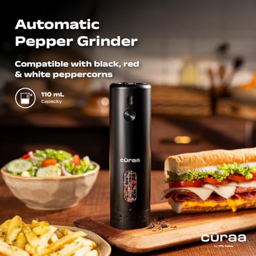 CÜRAA Electric Pepper Grinder with Adjustable Coarseness for Precision Seasoning | Rechargeable, One-Hand Operation | Automatic Pepper Mill for Kitchen | By Chef Sanjyot Keer - Image 4