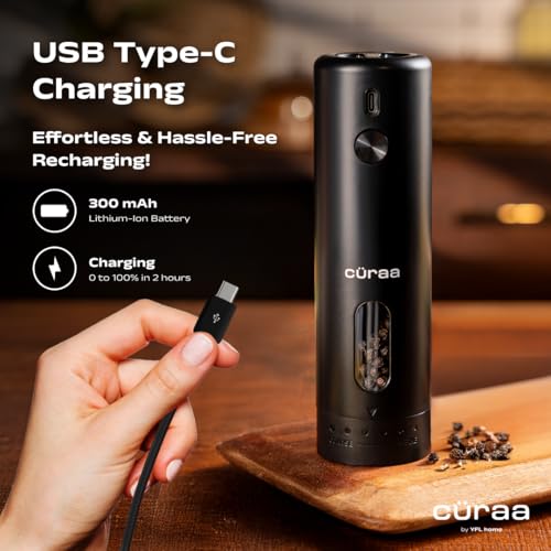 CÜRAA Electric Pepper Grinder with Adjustable Coarseness for Precision Seasoning | Rechargeable, One-Hand Operation | Automatic Pepper Mill for Kitchen | By Chef Sanjyot Keer - Image 3