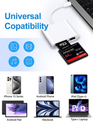 قارئ بطاقة ذاكرة 3 في 1 من USB Type C إلى CF/SD/TF، محول Type C للآيفون 17/16/15 برو/ماكس، لماك بوك برو/إير 2025-2016، آيباد برو/إير/سرفيس، سامسونج S25/S24/S23/S22/S21/الترا/بالإضافة إلى المزيد。 - view 2