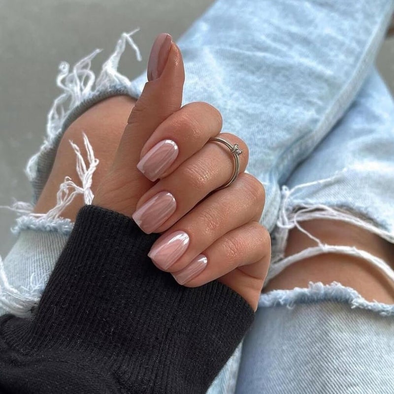 KQueenest Nude Press On Nails Short - KQueenest Chrome Press On Nails Square, Sparkly Fake Nails Press ons, Bling Glazed Glue on Nails Short Coffin, Cute Shiny False Nail Gel Stick On Nails for Women Weddings - Image 2