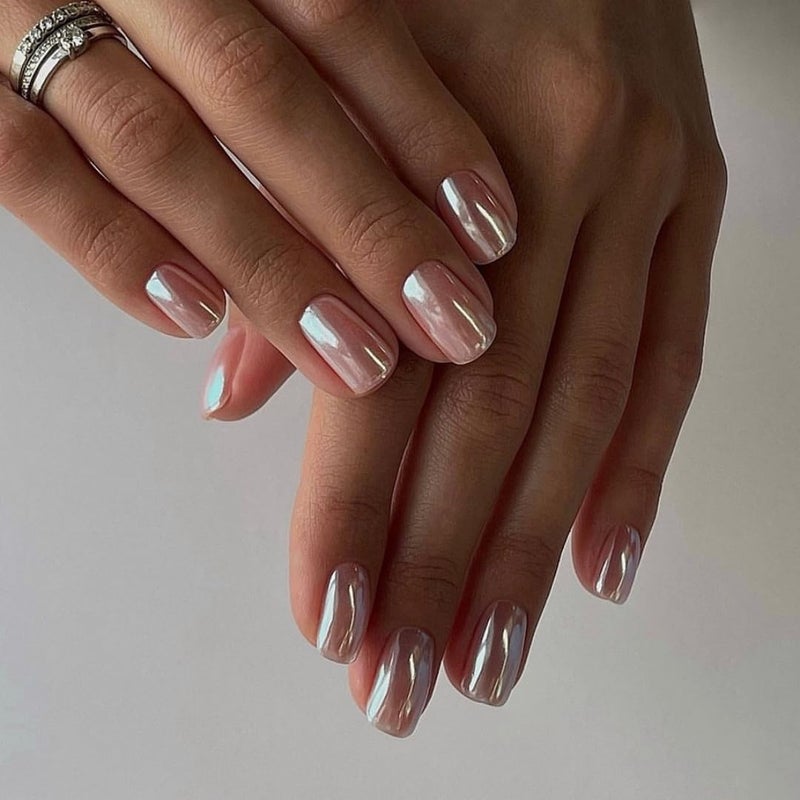 KQueenest Nude Press On Nails Short - KQueenest Chrome Press On Nails Square, Sparkly Fake Nails Press ons, Bling Glazed Glue on Nails Short Coffin, Cute Shiny False Nail Gel Stick On Nails for Women Weddings - Image 3