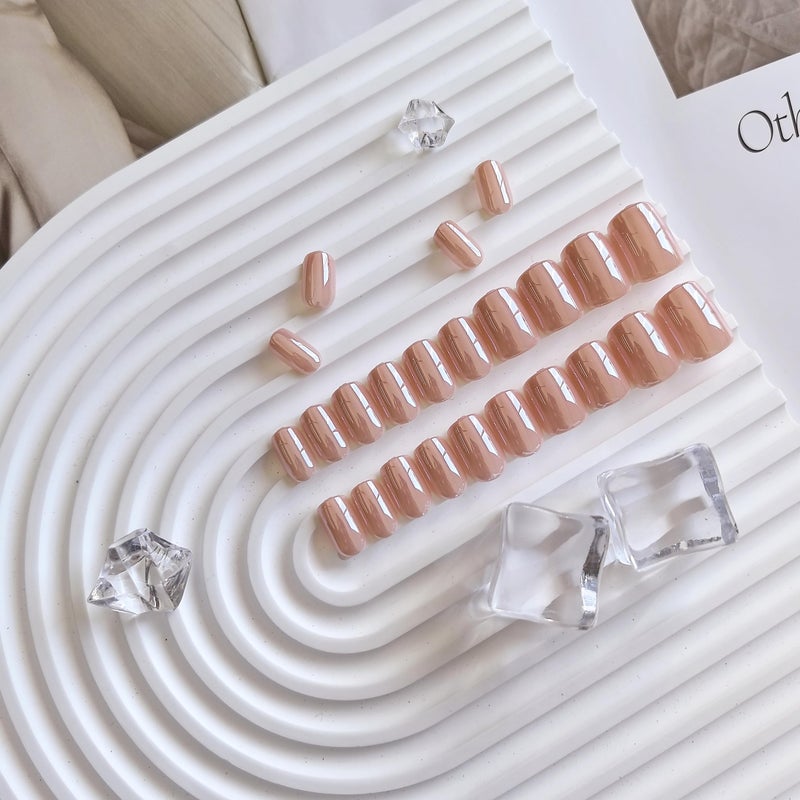 KQueenest Nude Press On Nails Short - KQueenest Chrome Press On Nails Square, Sparkly Fake Nails Press ons, Bling Glazed Glue on Nails Short Coffin, Cute Shiny False Nail Gel Stick On Nails for Women Weddings - Image 4