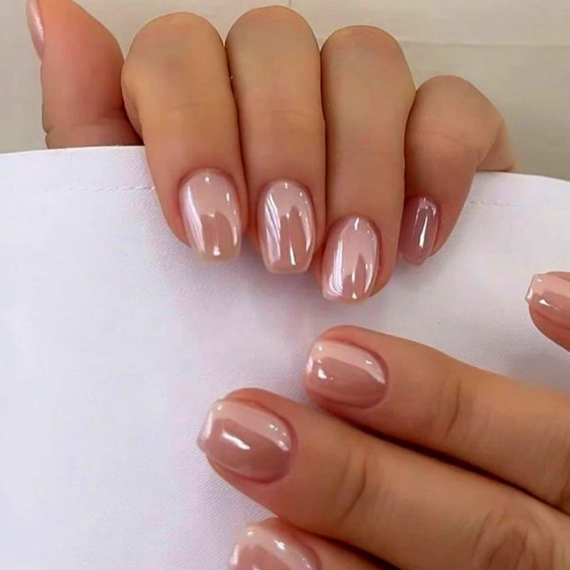 KQueenest Nude Press On Nails Short - KQueenest Chrome Press On Nails Square, Sparkly Fake Nails Press ons, Bling Glazed Glue on Nails Short Coffin, Cute Shiny False Nail Gel Stick On Nails for Women Weddings - Image 1