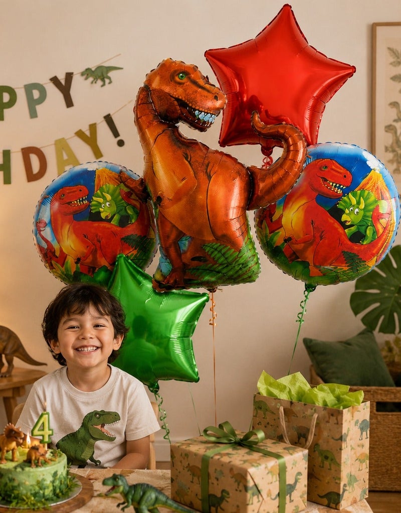 Dinosaur Balloon Bouquet Set 5Pcs – T-Rex Foil Balloon with Round Dino Printed & Red Green Star Balloons | Dinosaur Birthday Party Decoration for Boys Kids Party Decor - Image 2