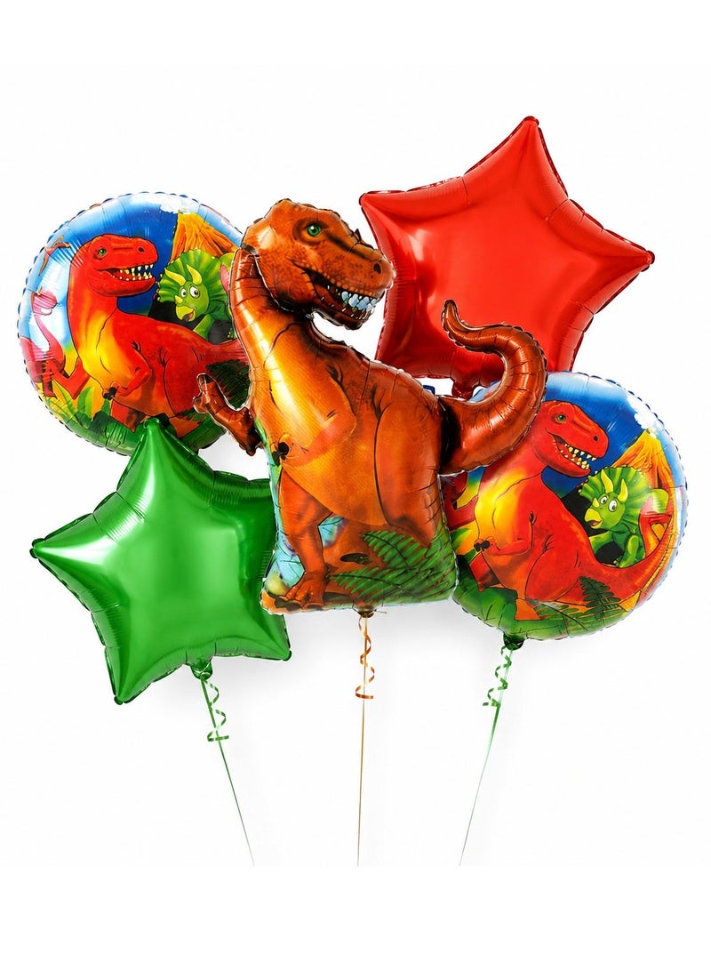 Dinosaur Balloon Bouquet Set 5Pcs – T-Rex Foil Balloon with Round Dino Printed & Red Green Star Balloons | Dinosaur Birthday Party Decoration for Boys Kids Party Decor - Image 1